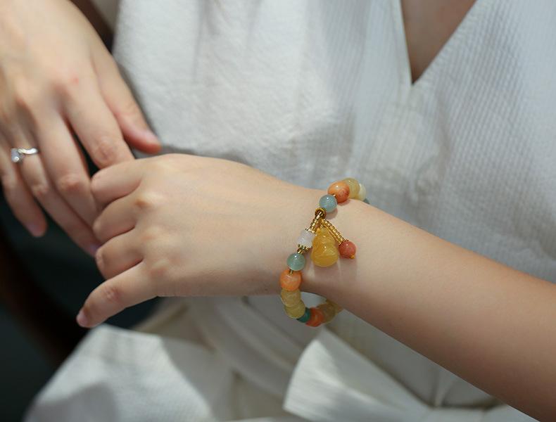 Natural Xinjiang Golden Silk Jade Bracelet Ethnic Style Colorful Jade Candy Color Yellow Green Barrel Beads Hanging Gourd Bracelet