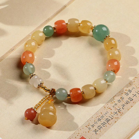 Natural Xinjiang Golden Silk Jade Bracelet Ethnic Style Colorful Jade Candy Color Yellow Green Barrel Beads Hanging Gourd Bracelet
