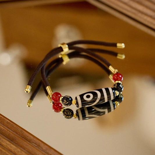 Natural Nine-Eye Dzi Bead Agate Bracelet Unisex Retro Tibetan Style Black Agate Bracelet Buddhist Beads Dzi Beads