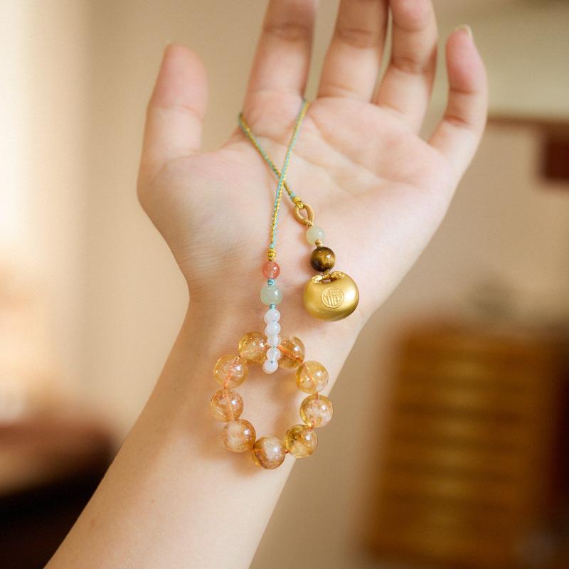 Natural Yellow Acai Crystal Pendant Prosperous Future Wealth Tiger Head Bell Car Pendant Bag Pendant Keychain