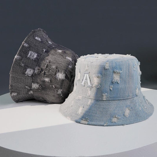 Spring Summer Denim Fisherman Hat for Women, Unique Trendy Distressed Sun Hat for Men, Korean Fashion Face-Slimming Bucket Hat
