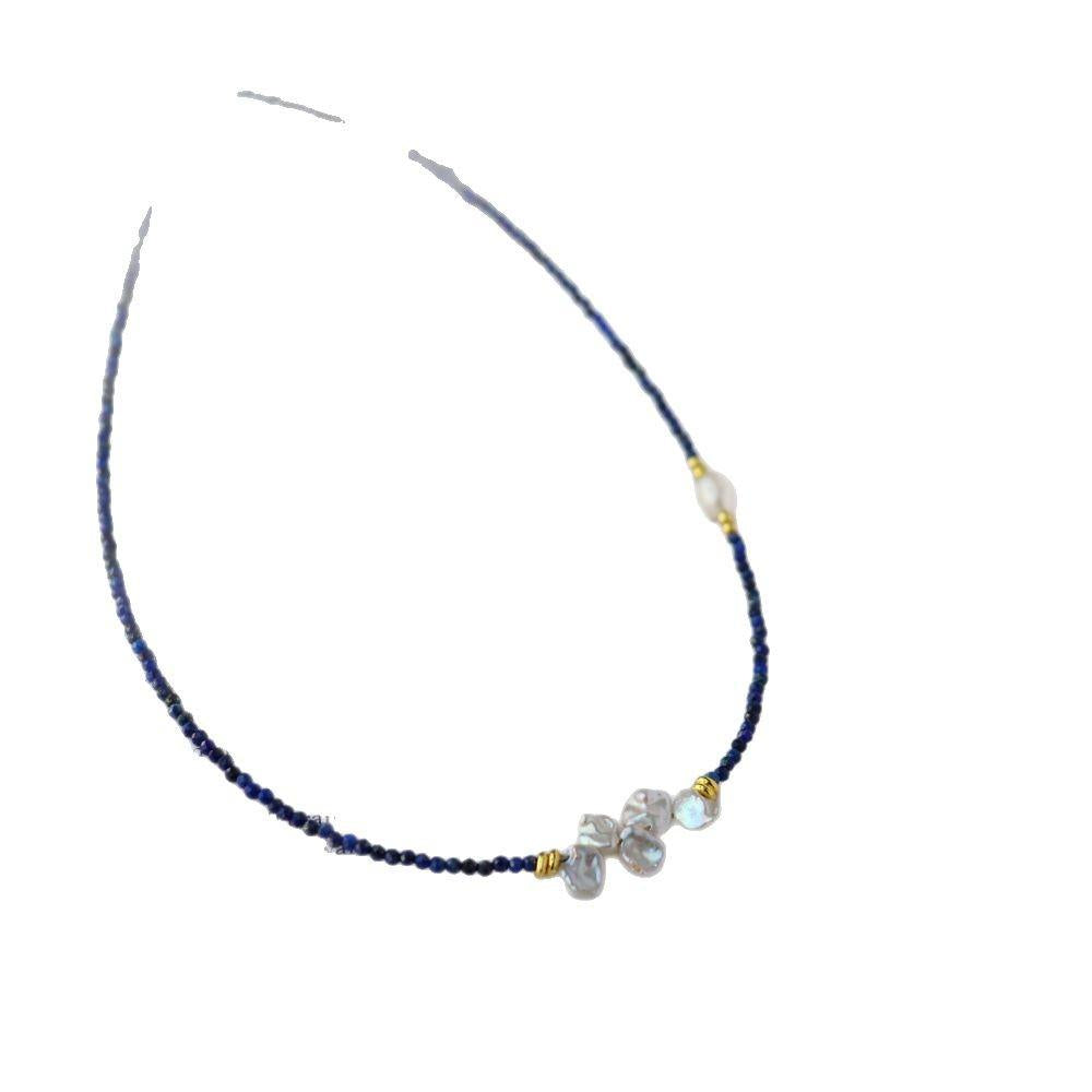 Design Simple Natural Lapis Lazuli Malachite Freshwater Petal Pearl Necklace Ultra-fine Layered Collarbone Chain Necklace