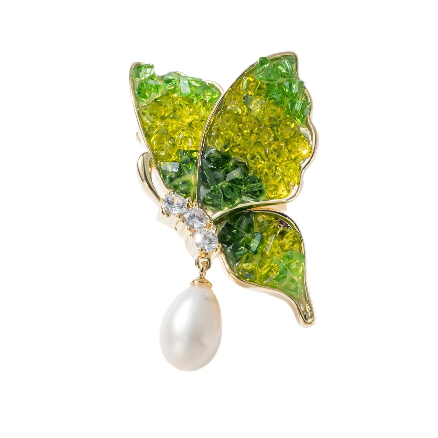 Fashion High-End Natural Freshwater Pearl Brooch Green Crystal Butterfly Brooch Accessory Versatile Pin
