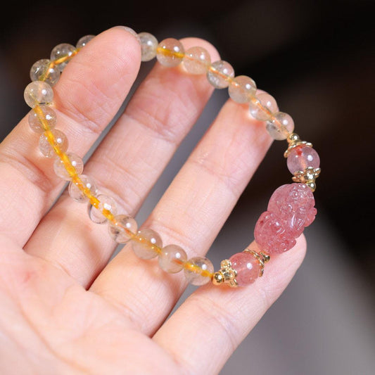 Natural 6MM Golden Rutilated Quartz Bracelet for Women Strawberry Quartz Pixiu Bracelet Crystal Jewelry Design Gift for Best Friend
