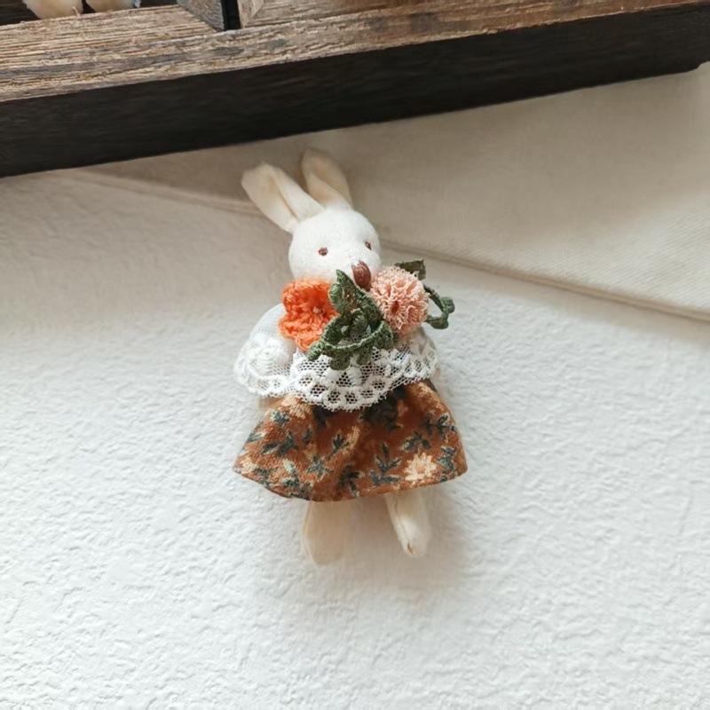 Sweet and Fresh Forest Style Girl Fabric Cartoon Cute Floral Dress with Little Bunny Brooch Accessory
