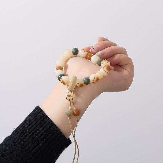 Dunhuang Bodhi Cat Paw Bracelet Multi-Treasure Charcoal Burnt Cat White Jade Bodhi Seed Play Bead Bracelet Soft Wrap Around Finger