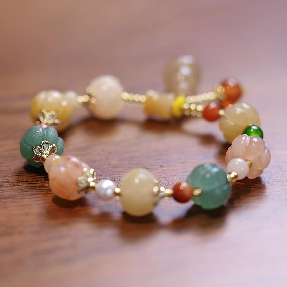 Natural Xinjiang Golden Silk Jade Bracelet for Best Friends and Couples, Ethnic Style Pumpkin Beads, Bamboo Knot, Straight Hole Gourd Jade Bracelet