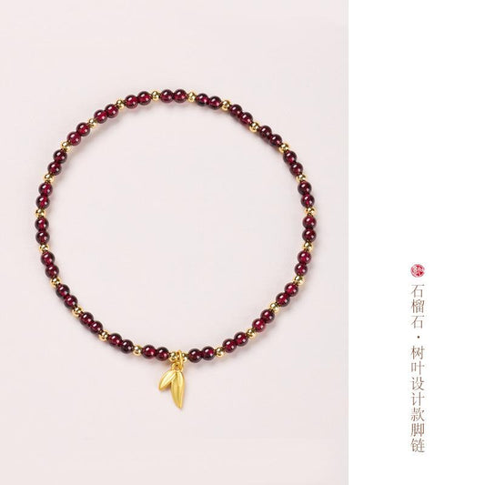 Natural 4MM Garnet Anklet for Women with Leaf and Heart Design, New Chinese Style, High-End Crystal Anklet