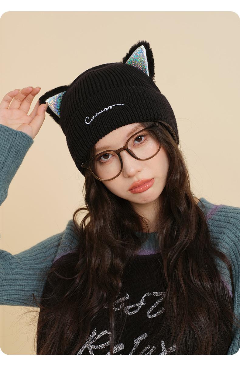 Knitted Hat for Women, Autumn and Winter New Korean Trendy Brand Wool Hat, Cat Ear Hat, Fashionable Knitted Hat, Casual Versatile