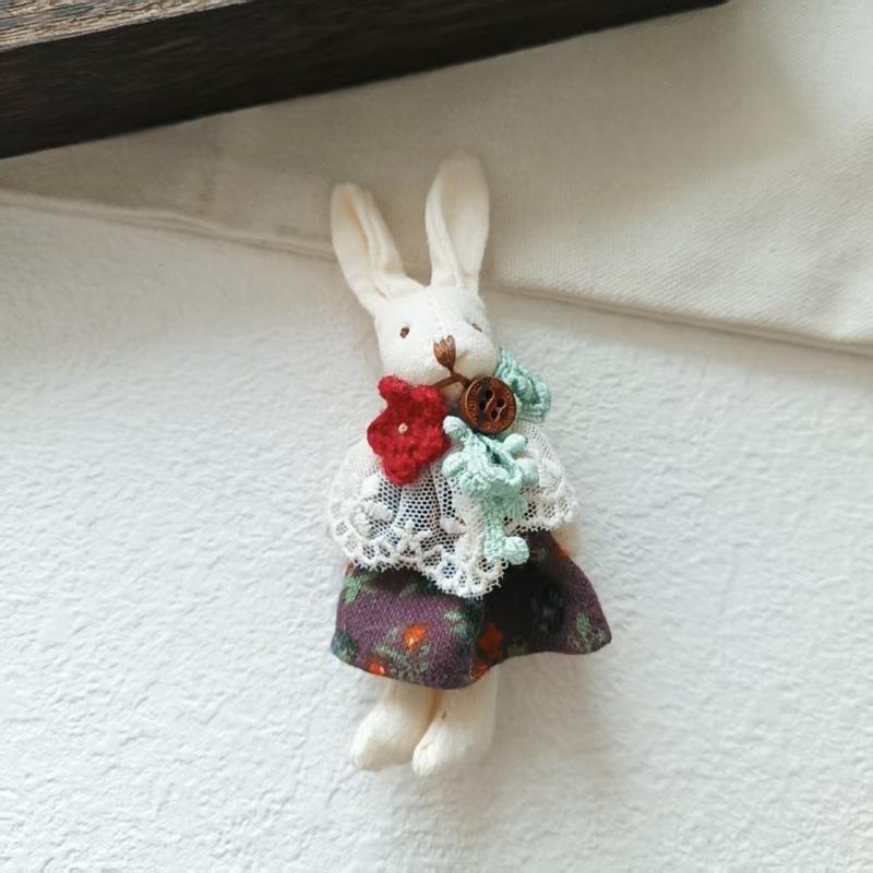 Sweet and Fresh Forest Style Girl Fabric Cartoon Cute Floral Dress with Little Bunny Brooch Accessory