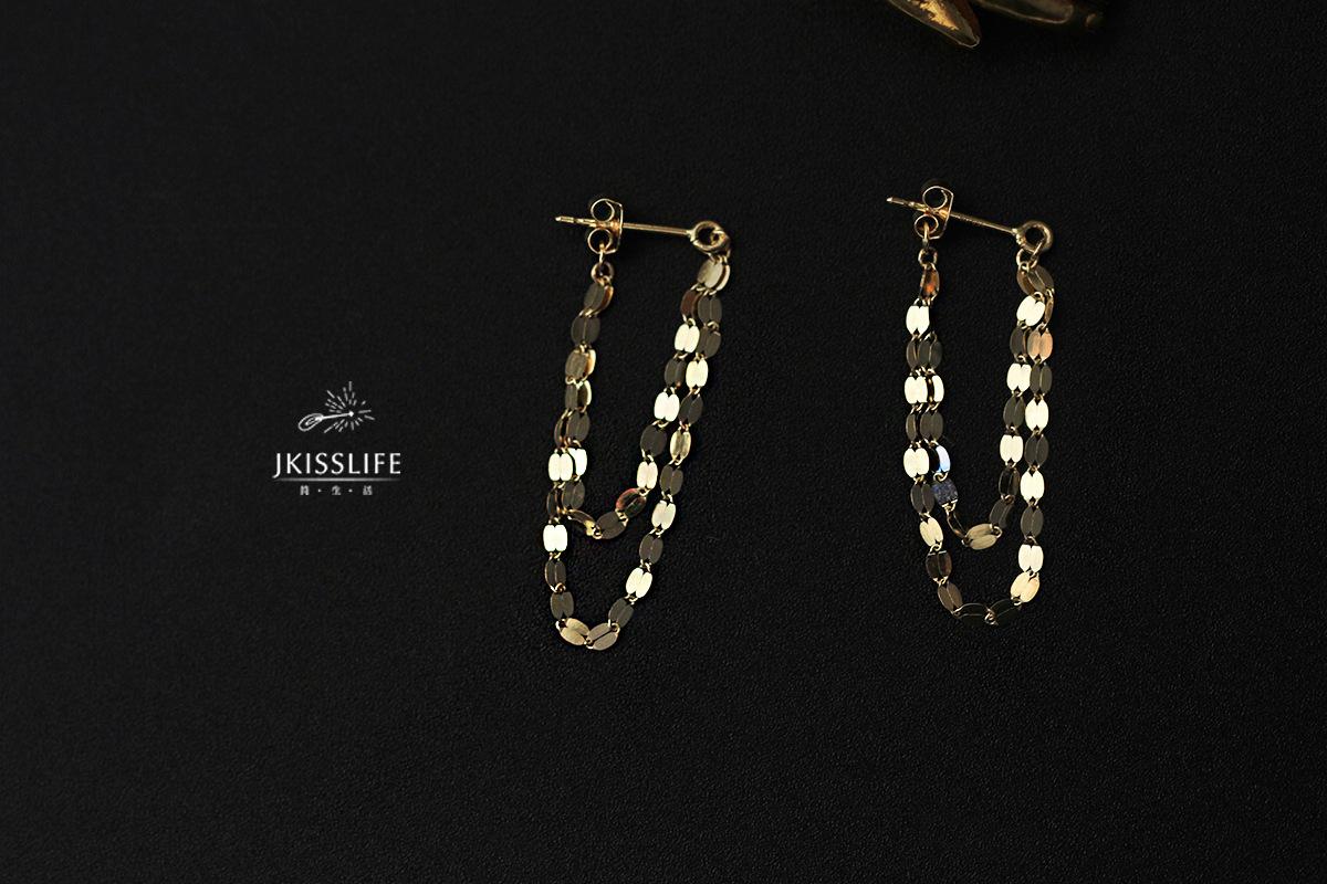 Elegant S925 Silver Gold-Plated Blade Chain Kiss Chain Long and Short Tassel Front and Back Double-Layer Earrings