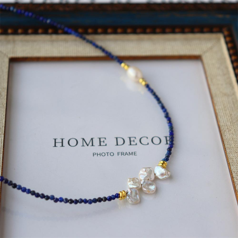 Design Simple Natural Lapis Lazuli Malachite Freshwater Petal Pearl Necklace Ultra-fine Layered Collarbone Chain Necklace