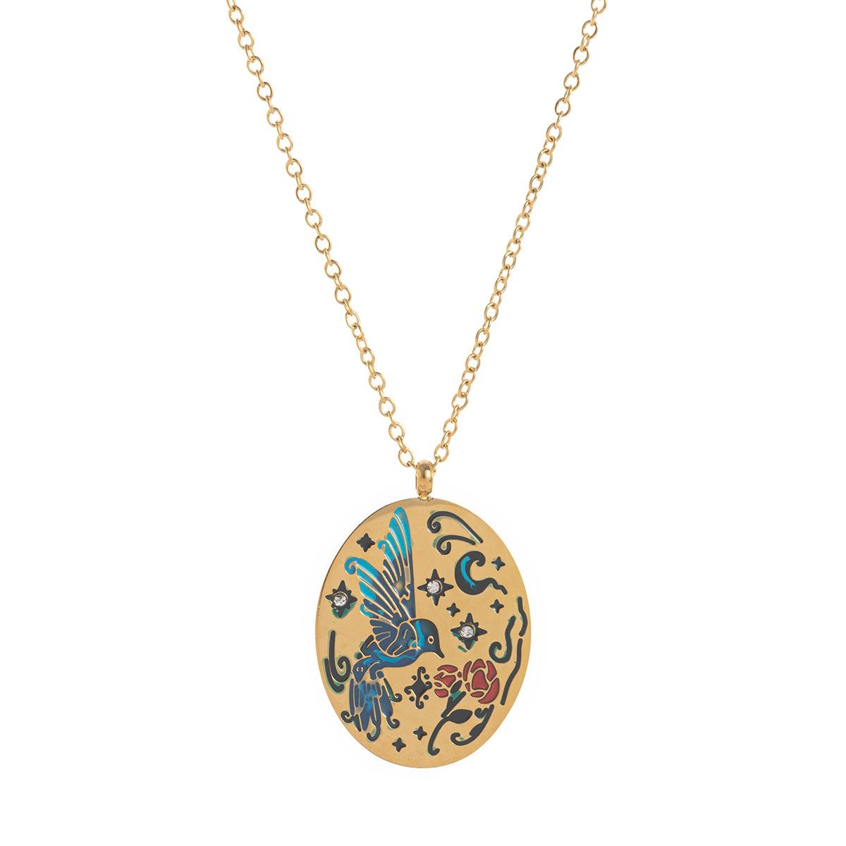 Titanium Steel New Hand-Painted Oil-Drip Rabbit Element Pet Oval Tarot Card Necklace Color-Retaining 18K Gold Plating