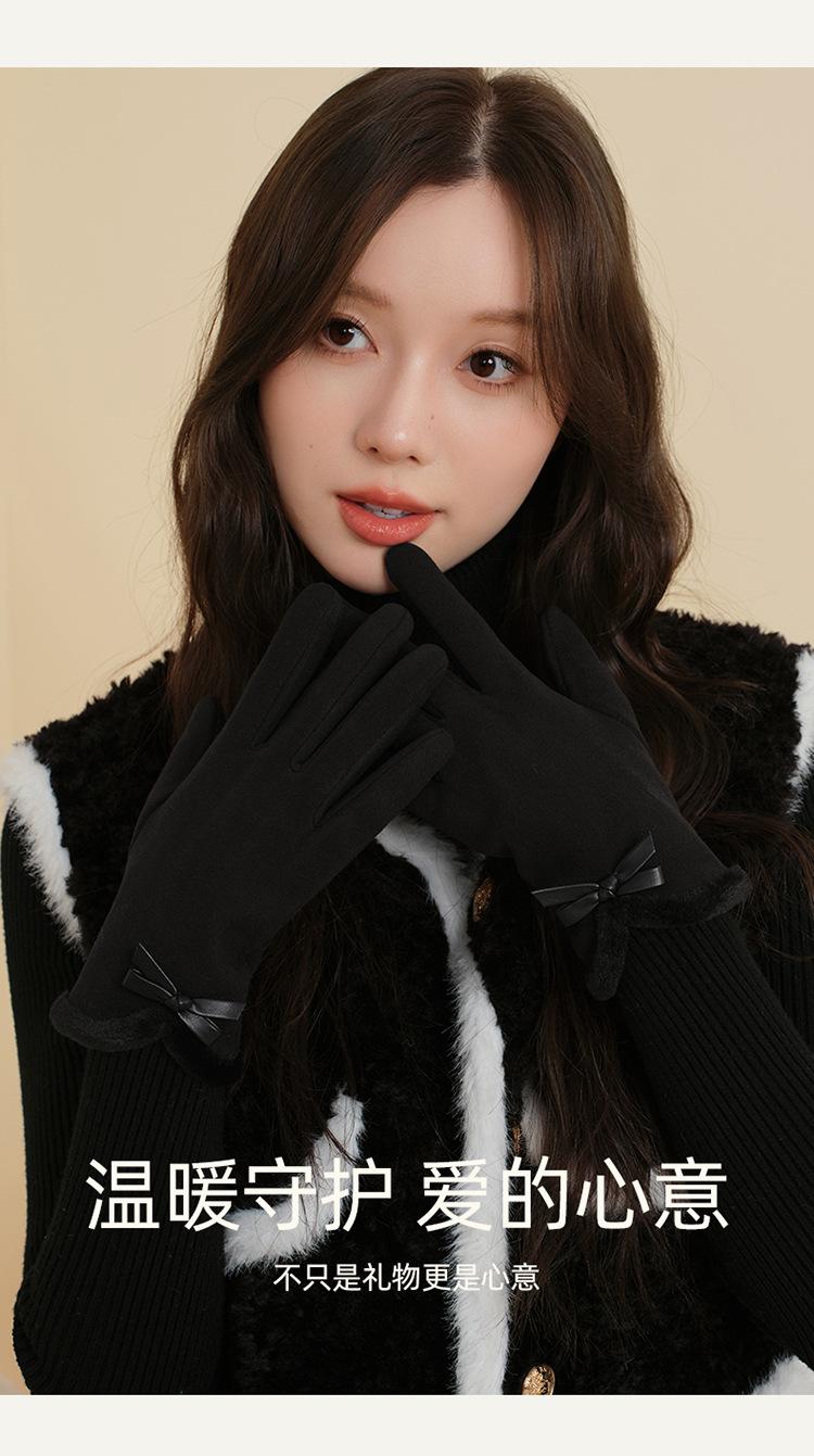 Autumn Winter Thermal Gloves for Women Outdoor Cold-Proof Fleece-Lined Warm Gloves Cute Bow Driving Gloves Touchscreen Compatible