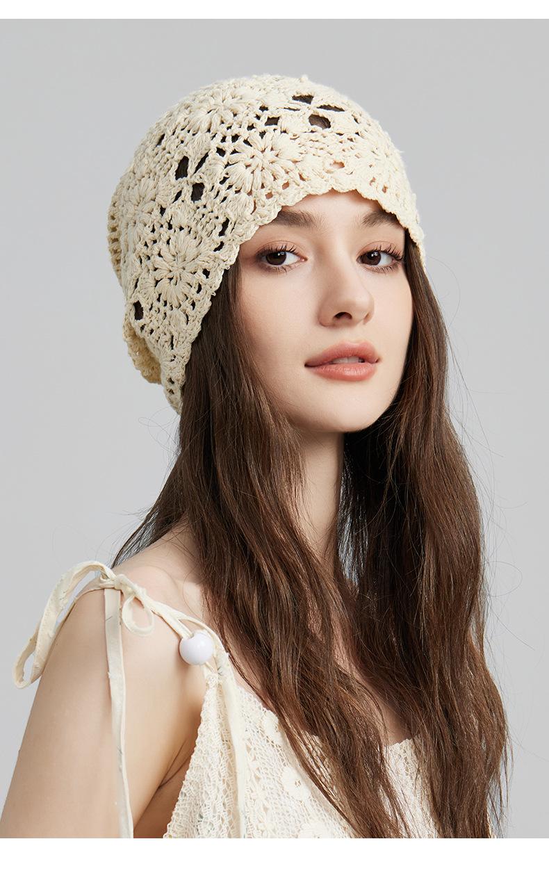 New Lace Beanie Hand-Knitted Slouchy Hat for Women Summer Thin Hollow Crochet Knitted Cool Hat Trendy