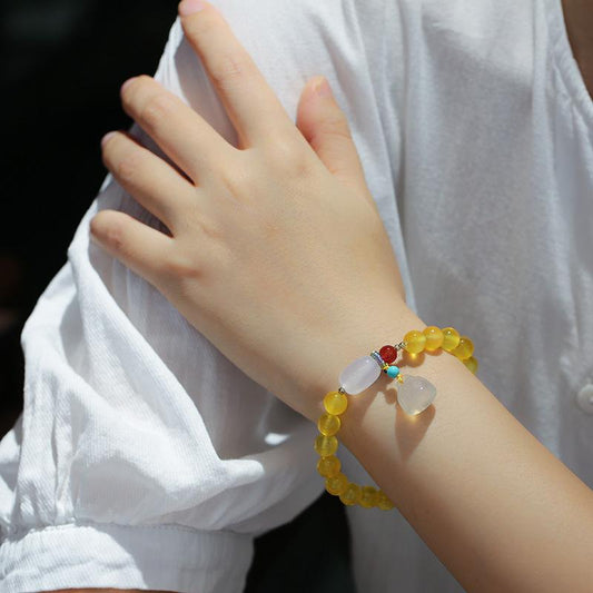 Natural 8MM Yellow Agate Bracelet White Chalcedony Barrel Beads Hanging Lotus Pod Bracelet Jewelry Hand Accessories Couple Best Friend Gift