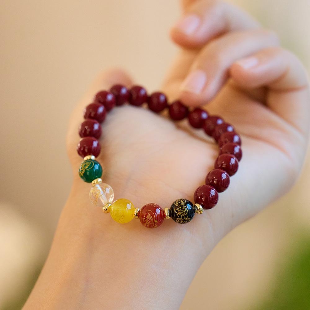 Temple Style Original Natural Cinnabar Bracelet Five-Way Wealth God Purple Gold Sand Zodiac Year Good Luck Bracelet Best Friend Gift