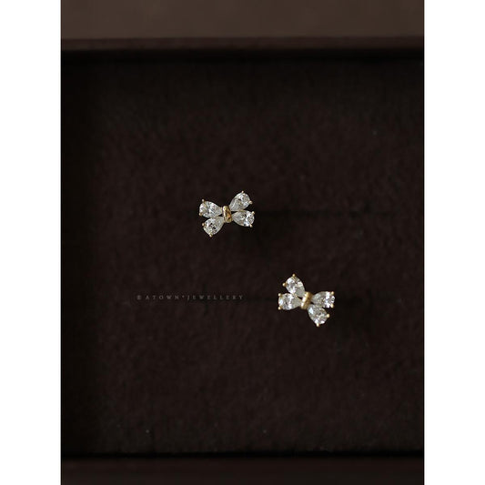 S925 Silver Plated 14K Gold Earrings Four Diamonds Bowknot Sweet Korean Design Mini Earrings Girlfriend Gift