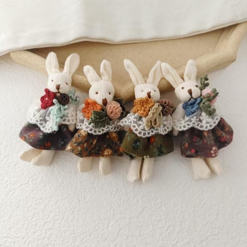 Sweet and Fresh Forest Style Girl Fabric Cartoon Cute Floral Dress with Little Bunny Brooch Accessory