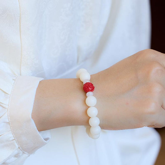 Temple Style Natural White Jade Bodhi Bracelet with Cinnabar Red Sand Pixiu Soft Wrap Bracelet for Men and Women Buddhist Prayer Beads