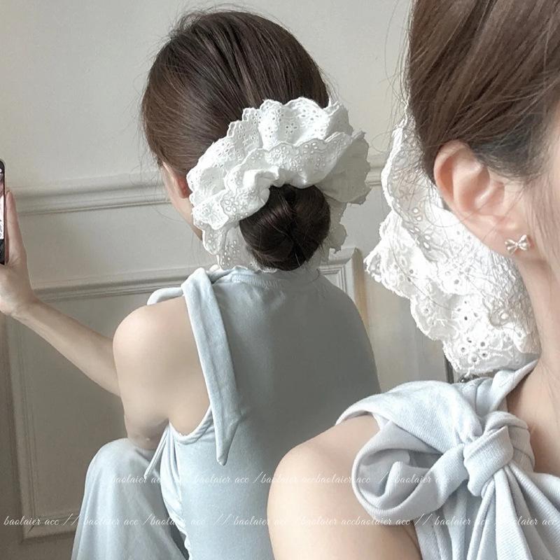 Gray Flower~ Extra Large Lace Scrunchie High-End Feel Large Scrunchie Women's Hair Tie Hair Accessory Korean Hair Ornament