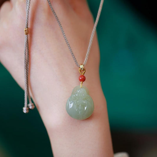 Natural Hetian Jade Hugging Buddha Pendant Necklace Couple Style Jade Pendant Exquisite Carving Braided Cord