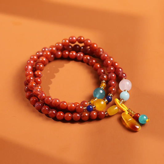 Natural Three-Circle Southern Red Agate Bracelet Amber Pendant Ethnic Style Multi-Circle Southern Red Agate Bracelet Unisex