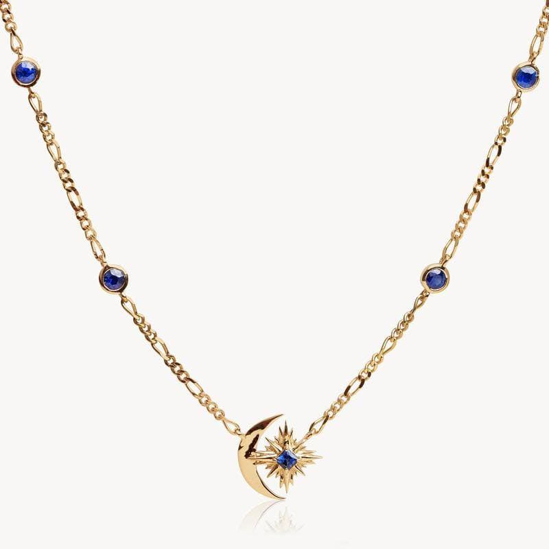Artistic Retro Style Star Moon Sapphire Starburst Necklace Copper Electroplated 14K Gold