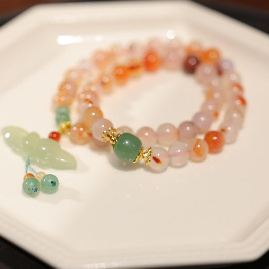 Natural 8MM Red Agate Bracelet for Women, Xiuyan Jade Lotus Cherry Blossom Agate Beaded Necklace, Dual-use Style