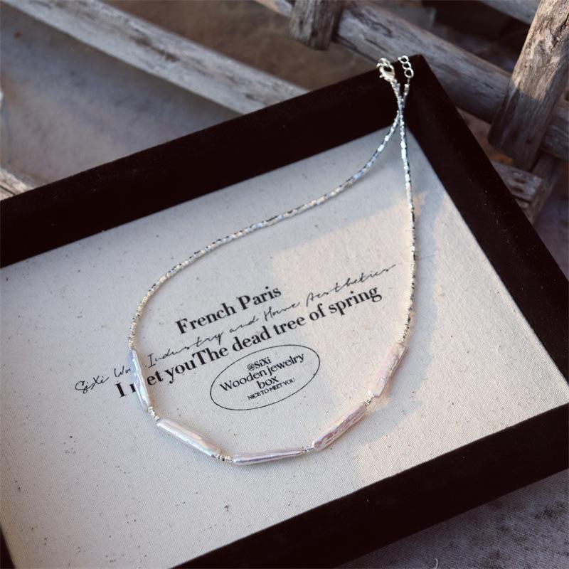 Elegant Design Light Luxury Minimalist Style Broken Silver Irregular Freshwater Pearl Small Silver Bar Handmade Beaded Necklace
