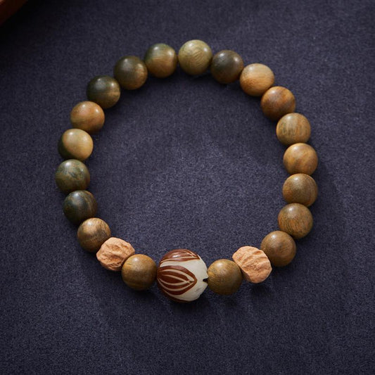 Natural 8MM Green Sandalwood Bracelet Bodhi Root Lotus Beads Passion Seed Design Style Handicraft Bracelet for Men and Women