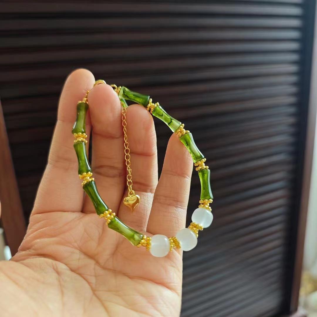 Chinese Style New Bamboo Knot Bracelet Agate Heart Sutra Crystal Bead Bracelet Simple Ethnic Style Good Luck Couple Gift Jewelry