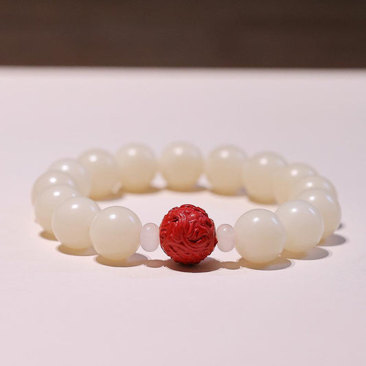Natural 12MM White Jade Bodhi Bracelet with Cinnabar and Red Sand Pixiu, Soft Wrap-around Bead Bracelet for Men and Women, Single Circle Buddhist Prayer Beads