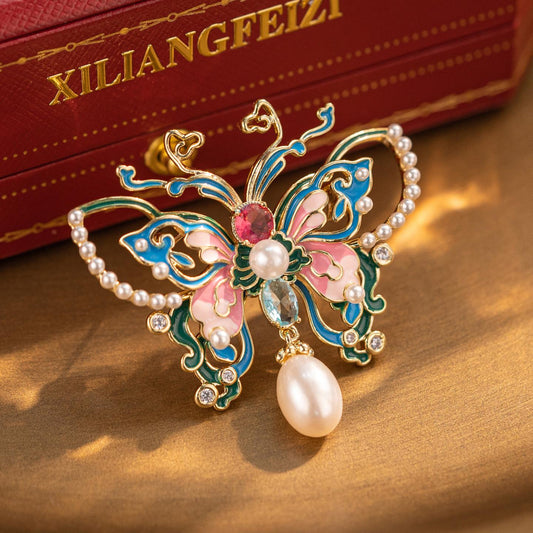 Xiliang Fei Fashion High-End Chinese Style Enamel Painted Butterfly Brooch Natural Pearl Insect Accessory Brooch