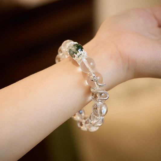 White Crystal Bracelet for Women, Auspicious Snake, Year of the Snake, Zodiac Bracelet, Green Snake, Gift for Best Friend