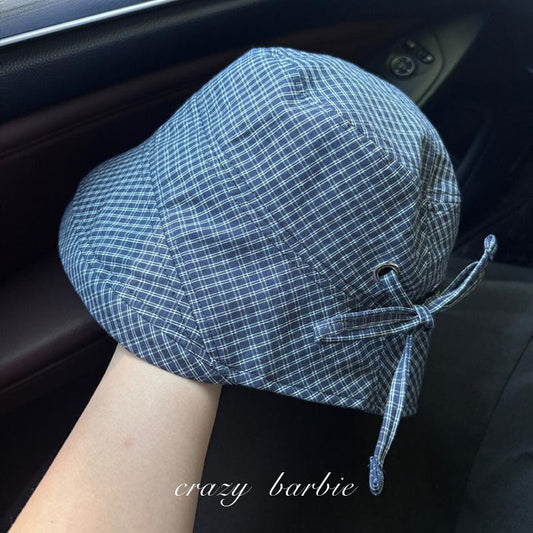 Sweet Navy Blue Plaid Fisherman Hat for Women, New Summer Wide Brim Sunshade Sun Protection Bucket Hat