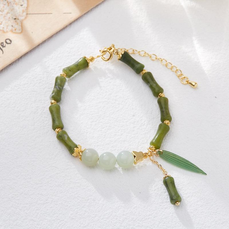 Natural Olive Jade Bamboo Knot Bracelet for Women, One Leaf Wealth Lily of the Valley Hetian Jade Bracelet, Gift for Best Friend