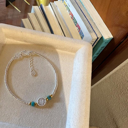 925 Sterling Silver Bracelet Pure Silver Turquoise Compass Coiled Fortune Pendant Handmade Woven Ethnic Style