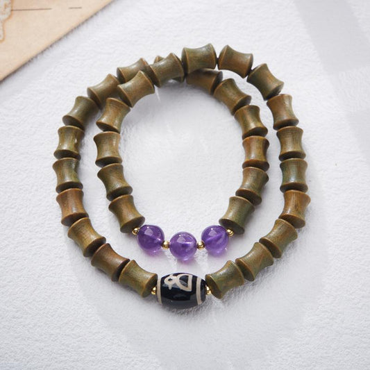 Natural Green Sandalwood Bamboo Knot Bracelet Nine Purple Fire Luck Bracelet for Women Tibetan Style Dzi Bead High-end Crystal Bracelet