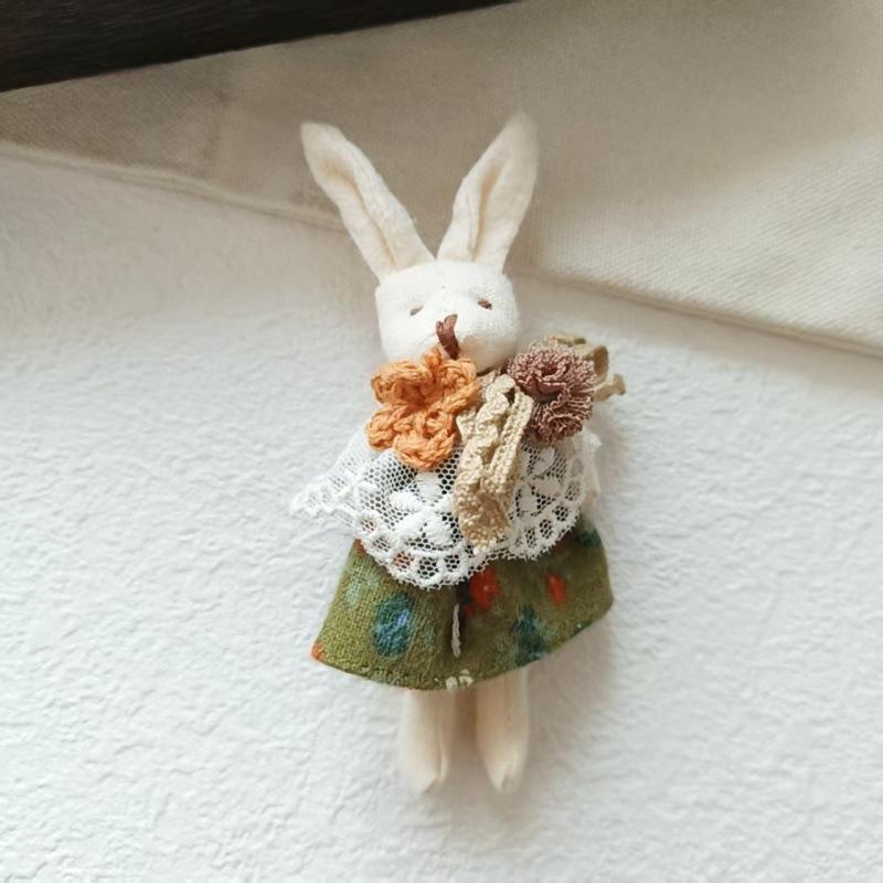 Sweet and Fresh Forest Style Girl Fabric Cartoon Cute Floral Dress with Little Bunny Brooch Accessory