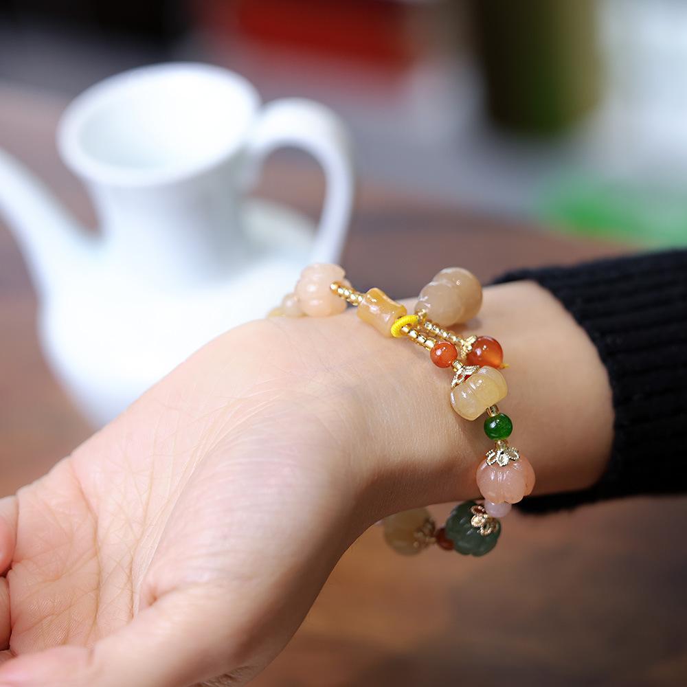 Natural Xinjiang Golden Silk Jade Bracelet for Best Friends and Couples, Ethnic Style Pumpkin Beads, Bamboo Knot, Straight Hole Gourd Jade Bracelet