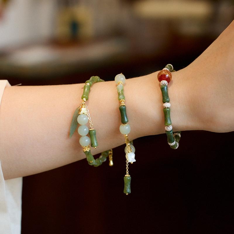 Natural Olive Jade Bamboo Knot Bracelet for Women, One Leaf Wealth Lily of the Valley Hetian Jade Bracelet, Gift for Best Friend