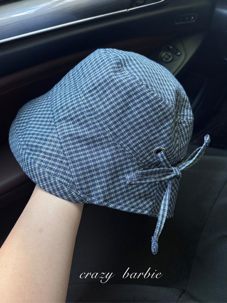 Sweet Navy Blue Plaid Fisherman Hat for Women, New Summer Wide Brim Sunshade Sun Protection Bucket Hat