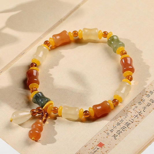 Natural Xinjiang Golden Silk Jade Small Bone Bead Bracelet Handmade Jade Yadan Gobi Colorful Jade Bracelet Ethnic Style Gift