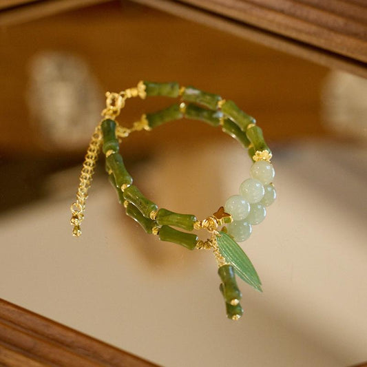 Natural Olive Jade Bamboo Knot Bracelet for Women, One Leaf Wealth Lily of the Valley Hetian Jade Bracelet, Gift for Best Friend