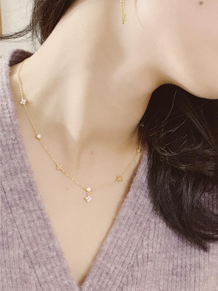 S925 Silver Plated 18K Gold Four-Leaf Clover Lucky Vintage Simple Elegant Collarbone Necklace