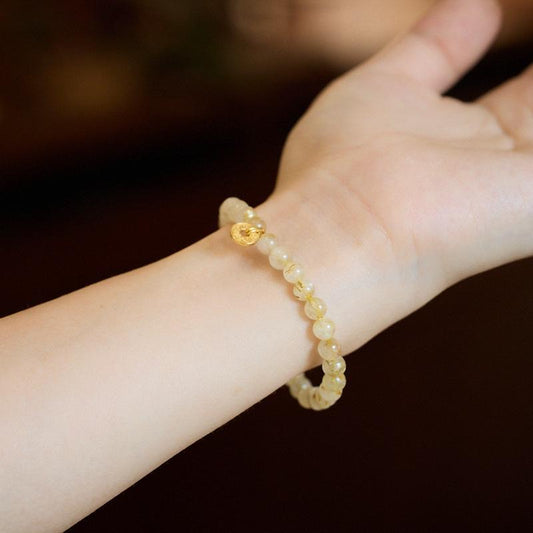 Natural 6MM Golden Rutilated Quartz Bracelet for Women, Attracting Wealth Coin Bracelet, High-End New Chinese Style Crystal Bracelet