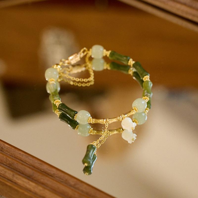 Natural Olive Jade Bamboo Knot Bracelet for Women, One Leaf Wealth Lily of the Valley Hetian Jade Bracelet, Gift for Best Friend