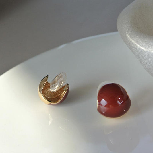 New Red Small Ball Earrings Wrapped Ear Lobe Ear Clips Non-Pierced Female Mosquito Coil Plate Elegant High-End Simple