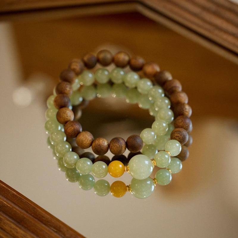 Agarwood Bracelet for Women, Natural Hetian Jade Beads, Double Circle Bracelet, New Chinese Style, Good Luck Beads Bracelet